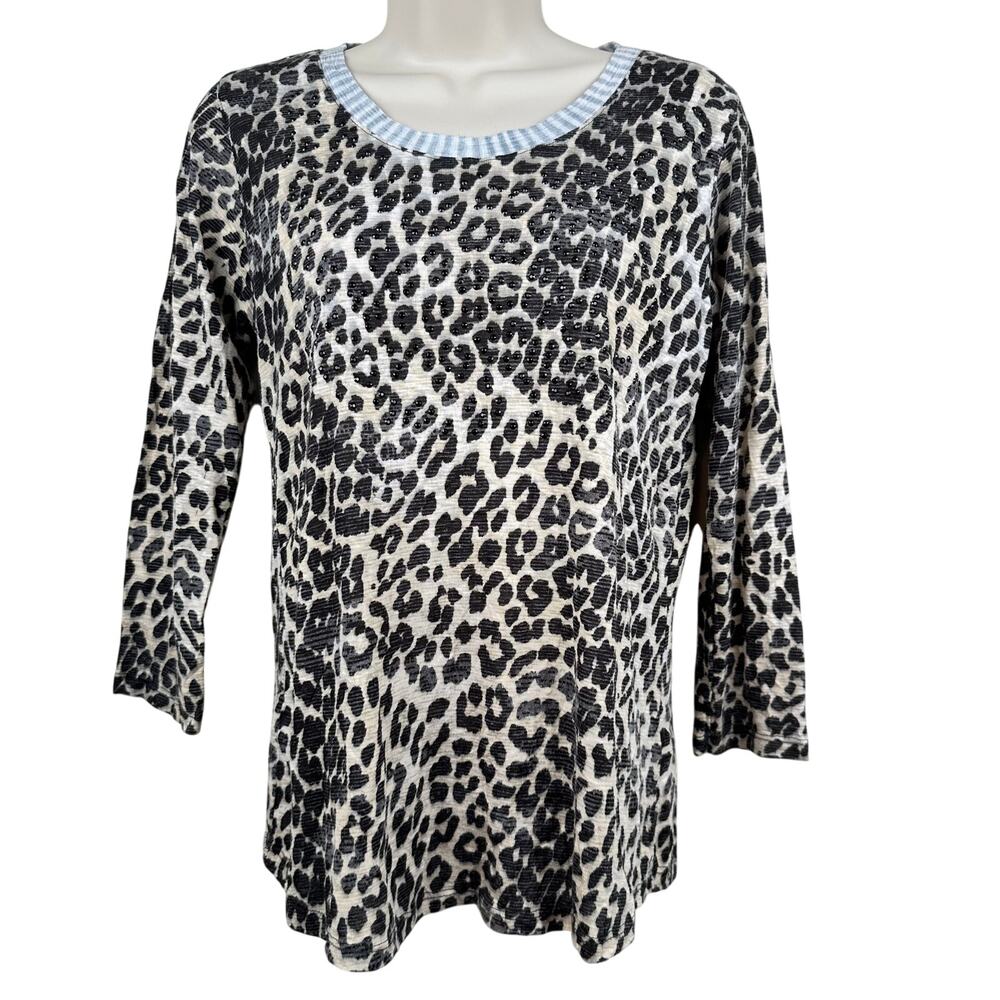 David Cline Crushed Knit Blouse Top Cheetah Print Rhinestones 3/4 Sleeve Black M